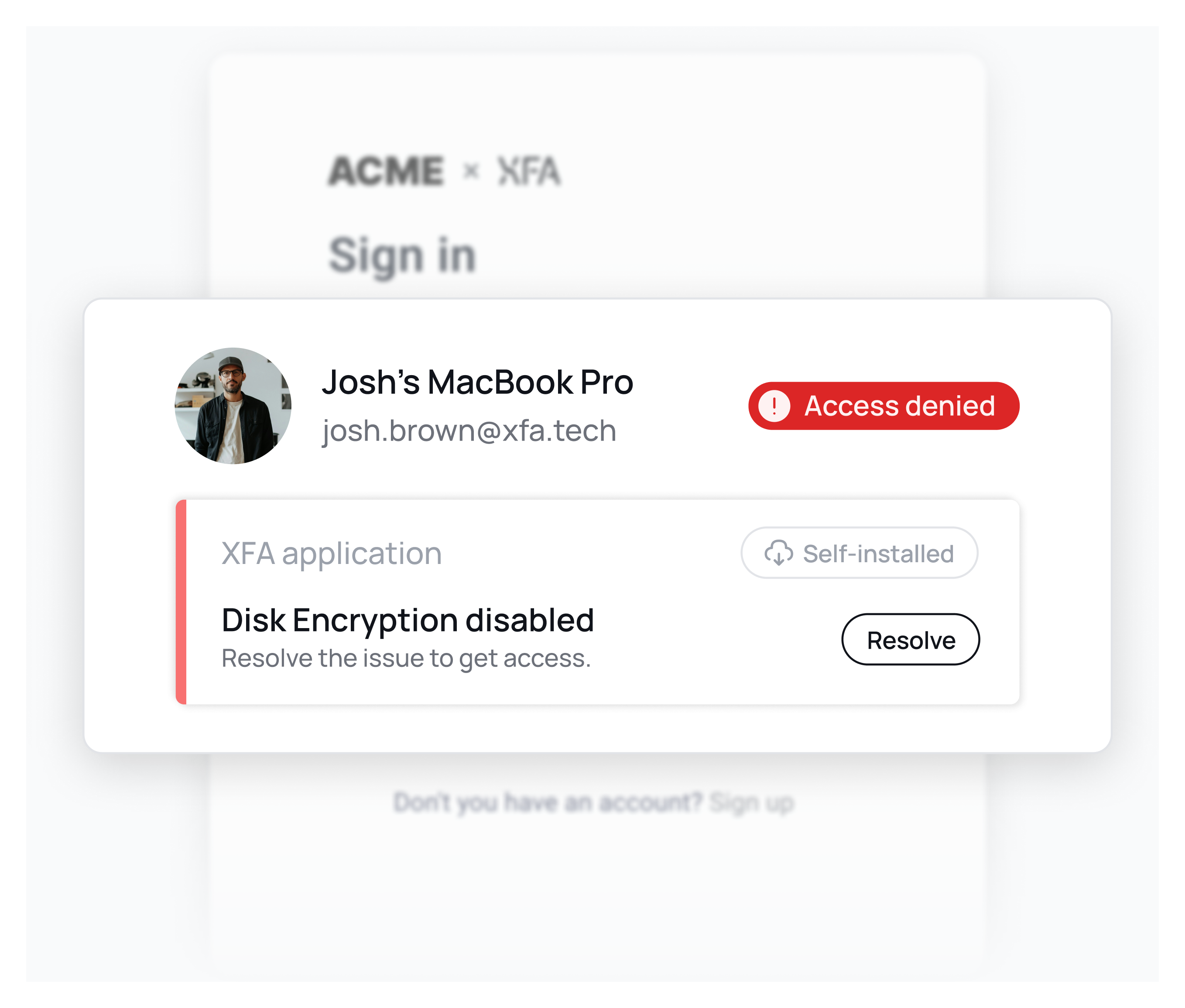 XFA blocking a non-compliant device at sign-in